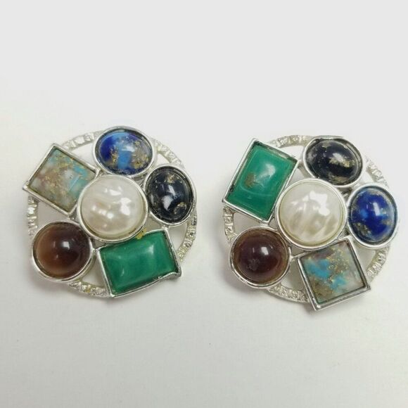 Vintage Sarah Coventry Blue Green Cabochon Clip On Earrings, Silver Tone Setting - Picture 1 of 6